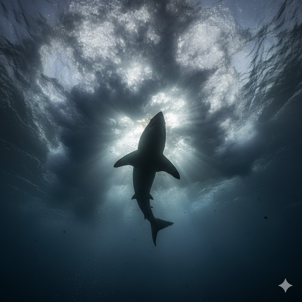 Underwater view looking up at a shark silhouette against turbulent water surface, stormy waves visible from below, dramatic contrast